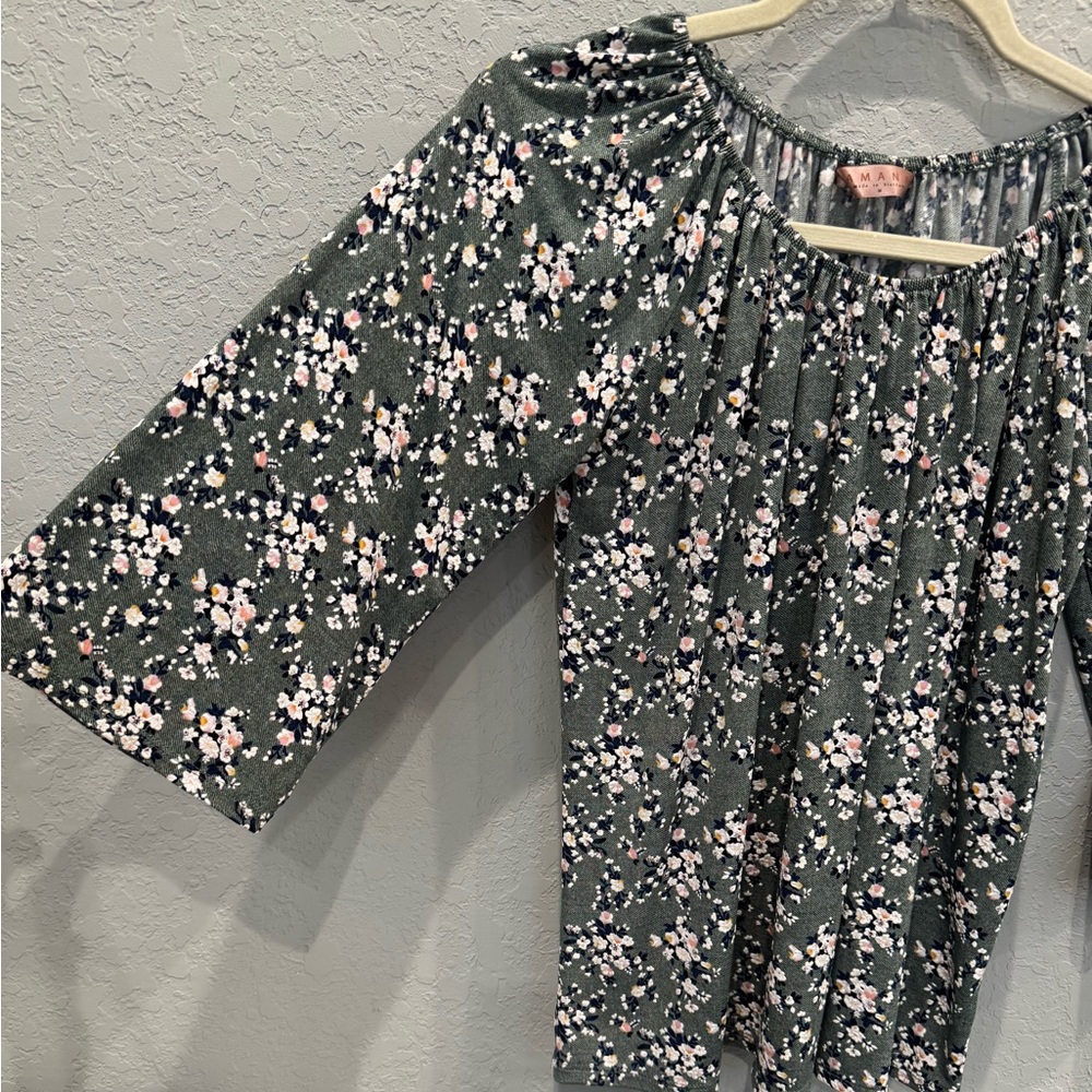 Floral Green Blouse with Bell Sleeves
